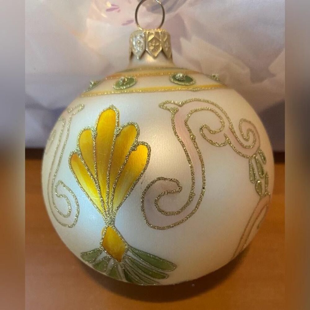 Vintage White Glass Christmas Bauble Large Floral Glitter Ornament Tree Decor